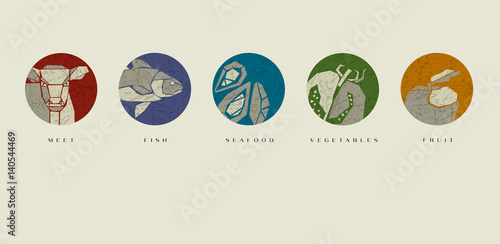Concept geometry style food icon vector illustration. Meat vegetable and seafood pictograms for restaurant menu.