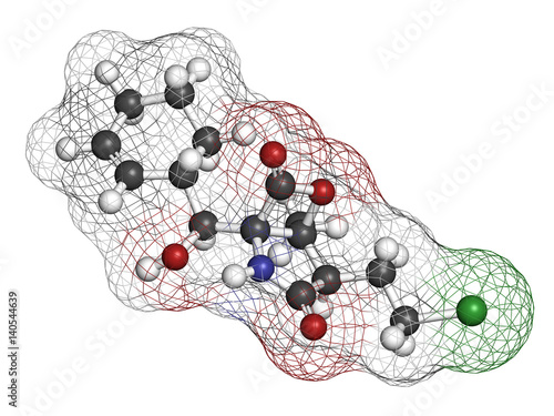 Marizomib (salinosporamide A) cancer drug molecule (proteasome inhibitor). 3D rendering. Atoms are represented as spheres with conventional color coding.