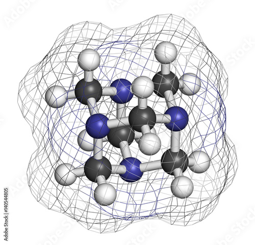 Methenamine molecule. Uses as an antiseptic drug and in solid fuel tablets. 3D rendering. Atoms are represented as spheres with conventional color coding. photo