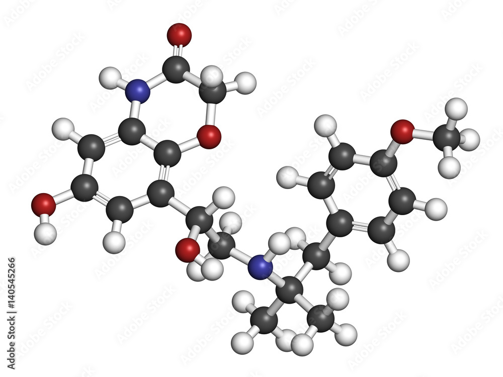 Olodaterol COPD drug molecule (ultra-LABA class). 3D rendering. Atoms are represented as spheres with conventional color coding: hydrogen (white), carbon (grey), nitrogen (blue), oxygen (red). Olodaterol COPD drug molecule (ultra-LABA class). 3D rendering. Atoms are represented as spheres with conventional color coding: hydrogen (white), carbon (grey), nitrogen (blue), oxygen (red).