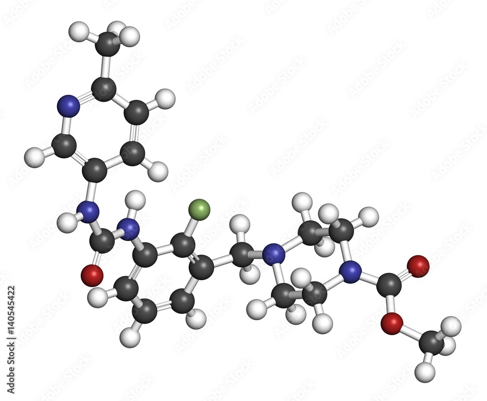 Omecamtiv mecarbil heart failure drug molecule. 3D rendering. Atoms are represented as spheres with conventional color coding. Omecamtiv mecarbil heart failure drug molecule. 3D rendering. Atoms are represented as spheres with conventional color coding.