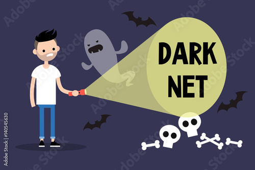 Conceptual illustration. Young bearded man exploring the Darknet / cartoon style editable flat illustration, clip art