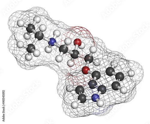 Pindolol beta blocker drug molecule. 3D rendering. Atoms are represented as spheres with conventional color coding.