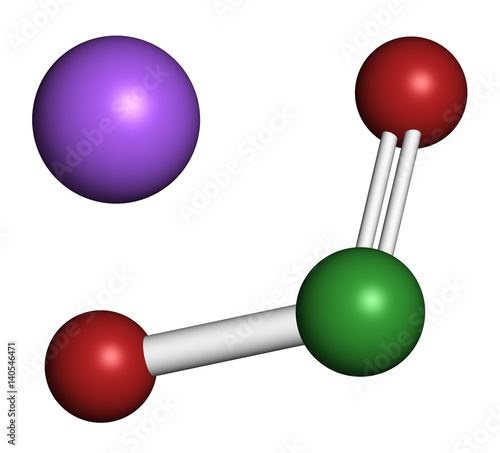 Sodium chlorite, chemical structure. 3D rendering. Atoms are represented as spheres with conventional color coding.