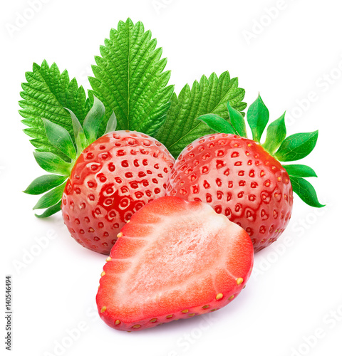 Perfectly retouched strawberries with sliced half and leaves isolated on white background with clipping path