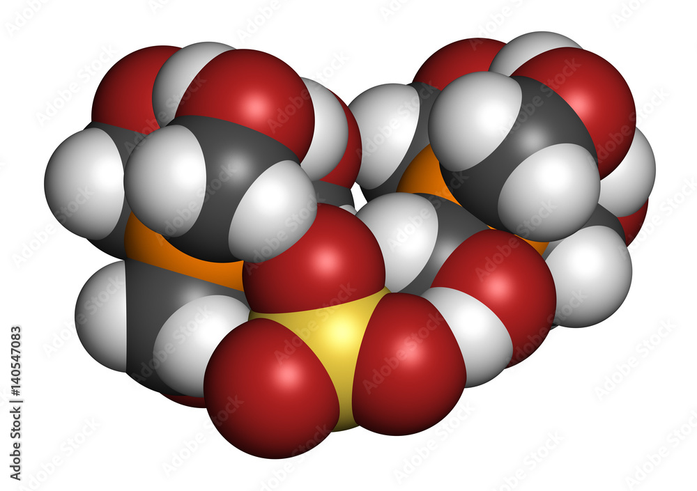 tetrakis(hydroxymethyl)phosphonium sulfate (THPS) biocide molecule. 3D rendering. Atoms are represented as spheres with conventional color coding. tetrakis(hydroxymethyl)phosphonium sulfate (THPS) biocide molecule. 3D rendering. Atoms are represented as spheres with conventional color coding.
