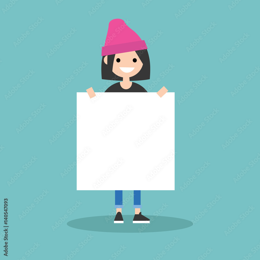 Young smiling girl holding a blank board mock up / Copy space. Your text here. Editable flat vector illustration, clip art Young smiling girl holding a blank board mock up / Copy space. Your text here. Editable flat vector illustration, clip art