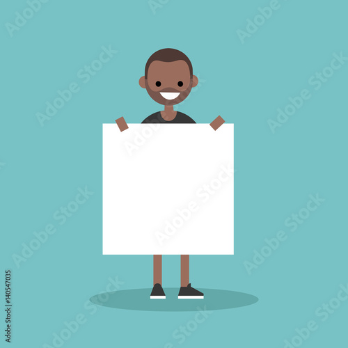 Young smiling black man holding a blank board mock up / Copy space. Your text here. Editable flat vector illustration, clip art