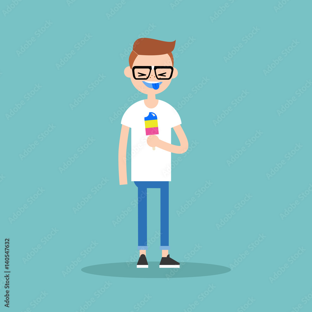 Laughing nerd showing his colored blue tongue / flat editable vector illustration, clip art Laughing nerd showing his colored blue tongue / flat editable vector illustration, clip art