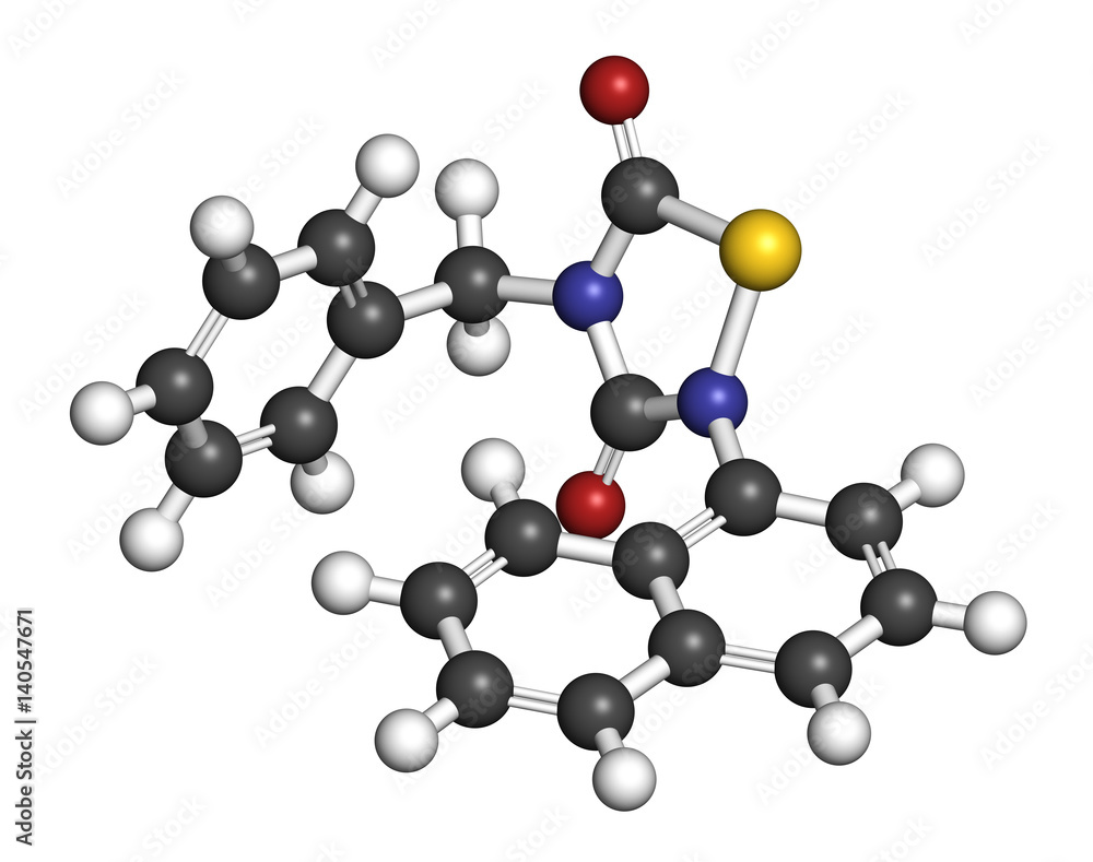 Tideglusib drug molecule (GSK-3 inhibitor). 3D rendering. Atoms are represented as spheres with conventional color coding. Tideglusib drug molecule (GSK-3 inhibitor). 3D rendering. Atoms are represented as spheres with conventional color coding.
