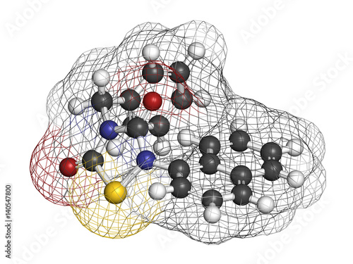 Tideglusib drug molecule (GSK-3 inhibitor). 3D rendering. Atoms are represented as spheres with conventional color coding. photo