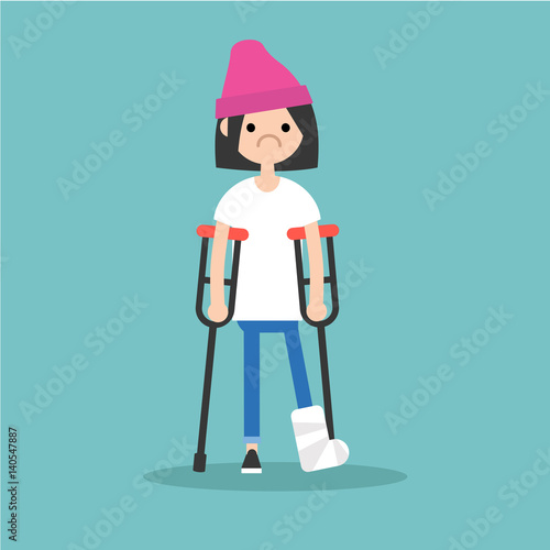 Disabled brunette girl on crutches with broken leg / editable vector illustration, vector clip art