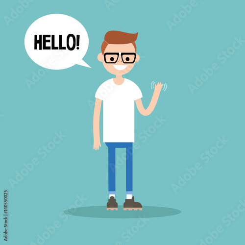 Friendly nerd saying "Hello" and waving hand / editable vector clip art illustration