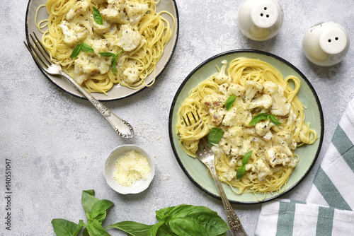 Capellini with creamy cauliflower.Top view. photo