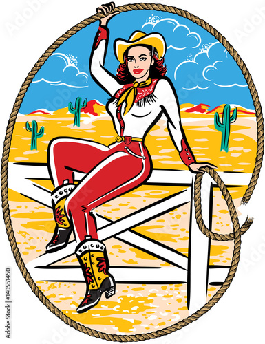 Retro Western cowgirl sitting on a fence twirling a rope. photo
