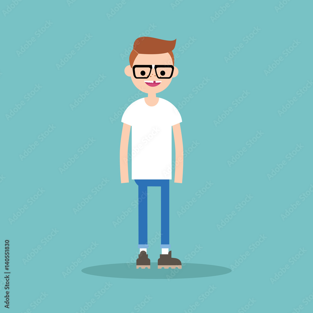 Young funny toothless nerd standing and smiling / flat editable vector illustration, clip art Young funny toothless nerd standing and smiling / flat editable vector illustration, clip art