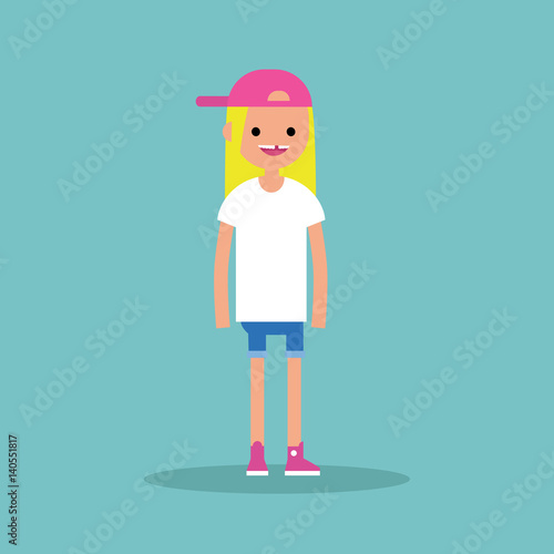 Young funny toothless blond girl standing and smiling / flat editable vector illustration, clip art