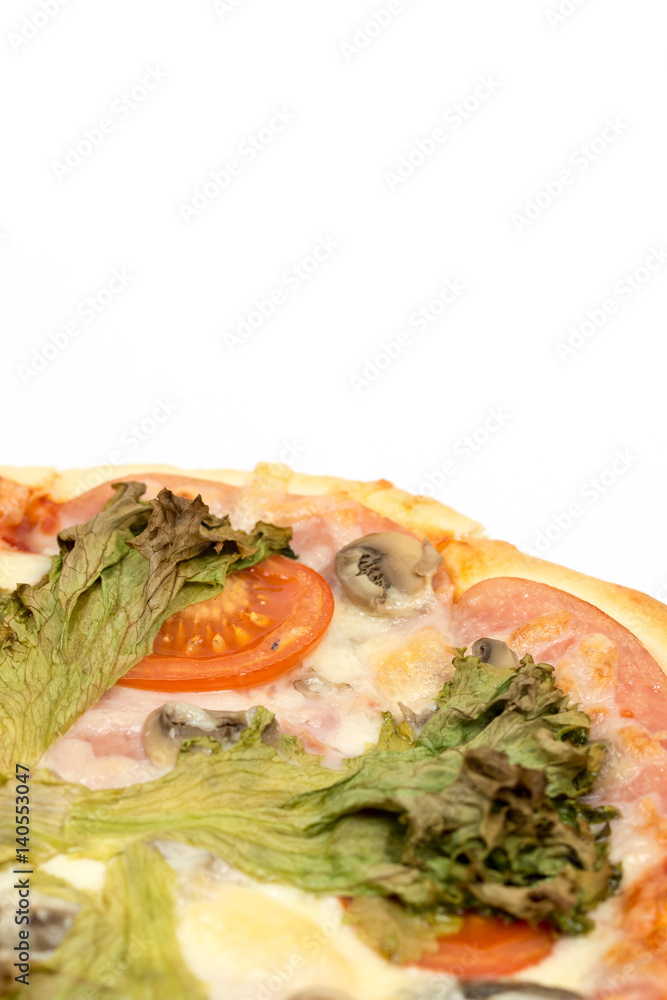 Closeup macro pizza slice with green lettuce and tomato Closeup macro pizza slice with green lettuce and tomato