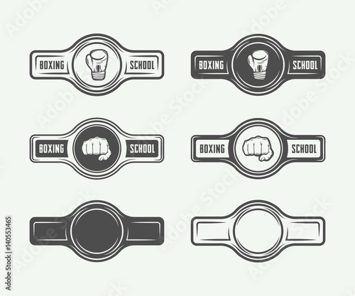 Set of vintage boxing and martial arts logo badges and labels in retro style. Monochrome graphic Art. Vector Illustration