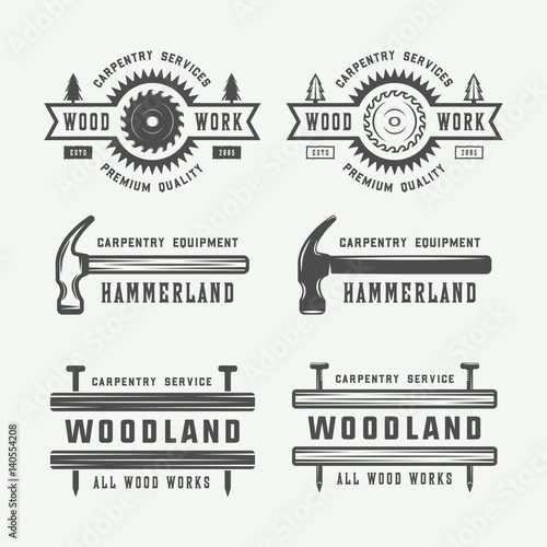 Set of vintage carpentry, woodwork and mechanic labels, badges, emblems and logo. Vector illustration. Monochrome Graphic Art.