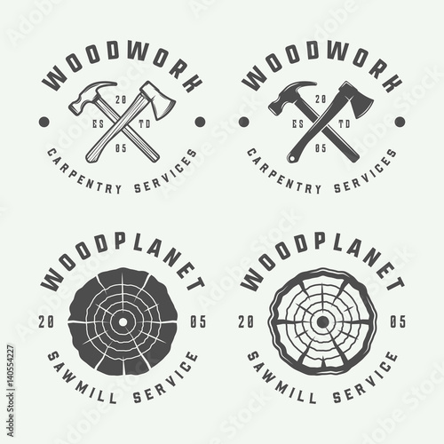 Set of vintage carpentry, woodwork and mechanic labels, badges, emblems and logo. Vector illustration. Monochrome Graphic Art.