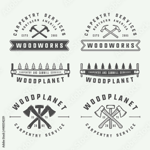 Set of vintage carpentry, woodwork and mechanic labels, badges, emblems and logo. Vector illustration. Monochrome Graphic Art.