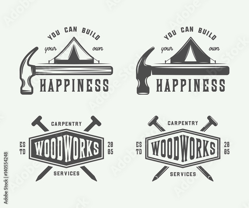 Set of vintage carpentry, woodwork and mechanic labels, badges, emblems and logo. Vector illustration. Monochrome Graphic Art.