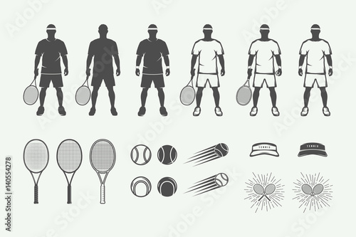 Set of vintage tennis sport design elements in retro style. Graphic monochrome art. Vector Illustration.
