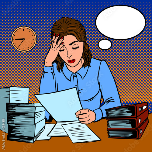 Girl working hard in office pop art style vector