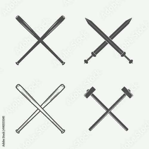 Set of vintage cross weapons in retro style. Bats, swords, hammers. Vector illustration. Monochrome Graphic Art.