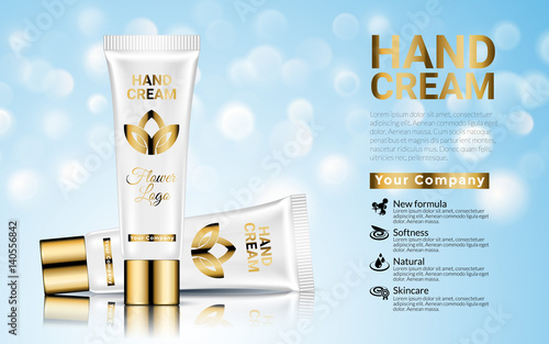 Hand cream Moisturizing cosmetic White gold ads template, 3D illustration cosmetic mockup isolated on bokeh background