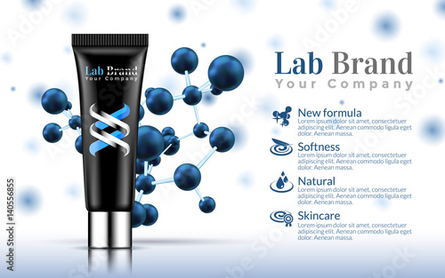 Hand Cream Black Tube on Soft White and Blue Background with Formula Atoms. Excellent Cosmetics Advertising, Gentle. Package Design Sale or Promotion New Product. 3D Vector Illustration