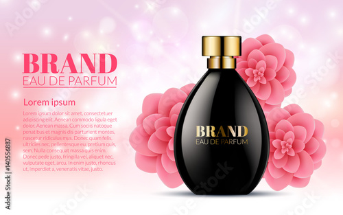 Beautiful Black Bottle Womens Perfume Products With Spring Pink Flowers on Blurred Light Bokeh Background. Aroma Liquid. Cosmetic Fragrance. Baner Template on your text. 3d Vector Illustration