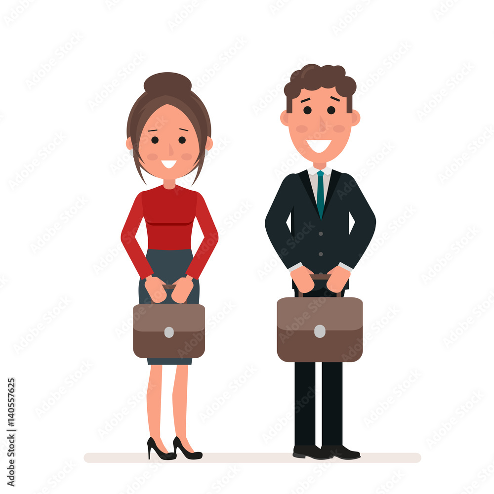 Businessman and businesswoman or managers are standing with suitcases in their hands. Office workers. Flat character isolated on white background. Vector, illustration EPS10. Businessman and businesswoman or managers are standing with suitcases in their hands. Office workers. Flat character isolated on white background. Vector, illustration EPS10.