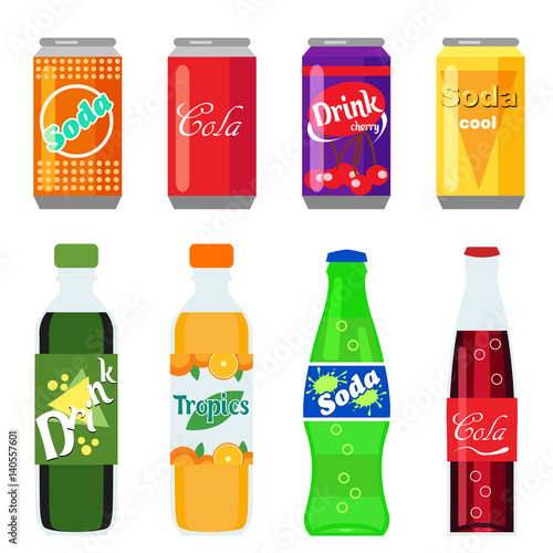 Set of soft drinks in plastic and aluminum packaging. Carbonated water with different flavors. Vector, illustration in flat style isolated on white background EPS10.