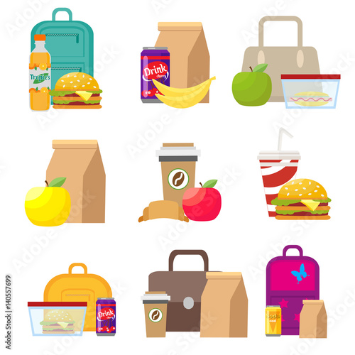 School lunch food boxes and kids bags. Vector, illustration in flat style isolated on white background EPS10.