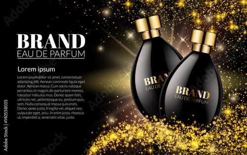 Beautiful Black Bottle Womens Perfume Products With on golden glitter star dust Blurred Light Bokeh Background. Aroma Liquid. Cosmetic Fragrance. Template on your text. 3d Vector Illustration