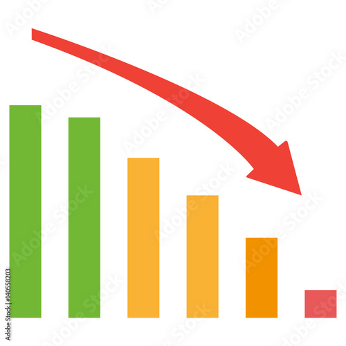 Business down chart with negative arrow and green, orange and red bars. Vector illustration