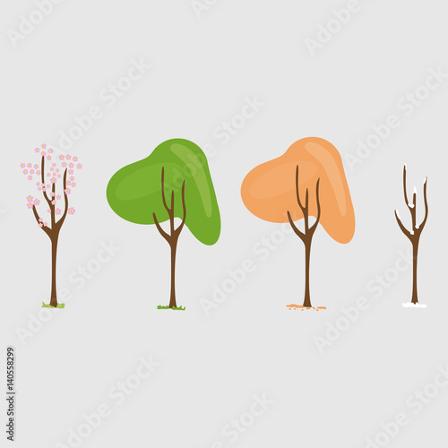 Four seasons - spring, summer, autumn, winter. Art tree. Tree at four seasons. Trees with green, yellow and orange leaves. Tree without leaves at winter. Vector illustration
