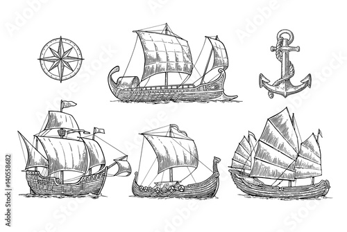 Trireme, caravel, drakkar, junk. Set sailing ships floating sea waves.