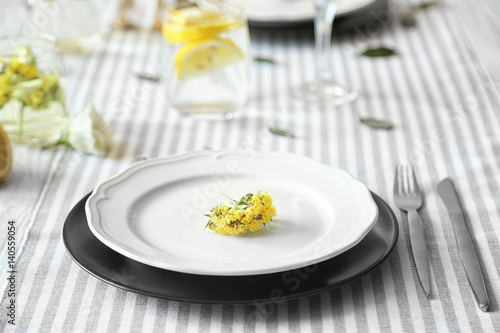 Table setting on tablecloth