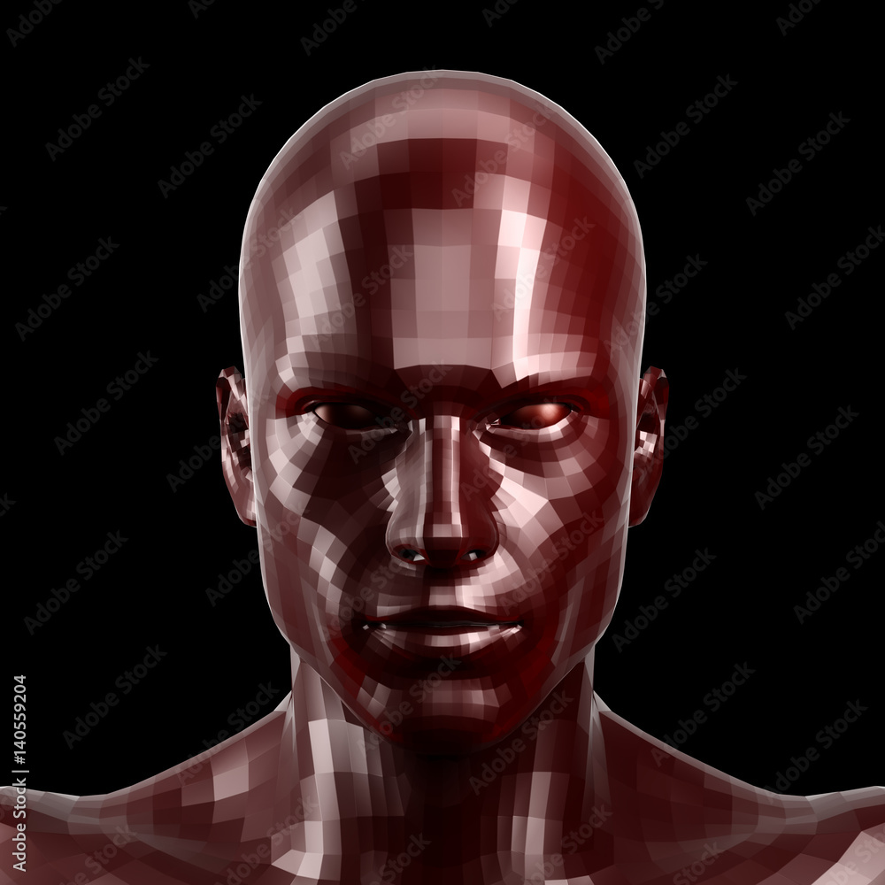 3D rendering. Faceted red robot face with red eyes looking front on camera.