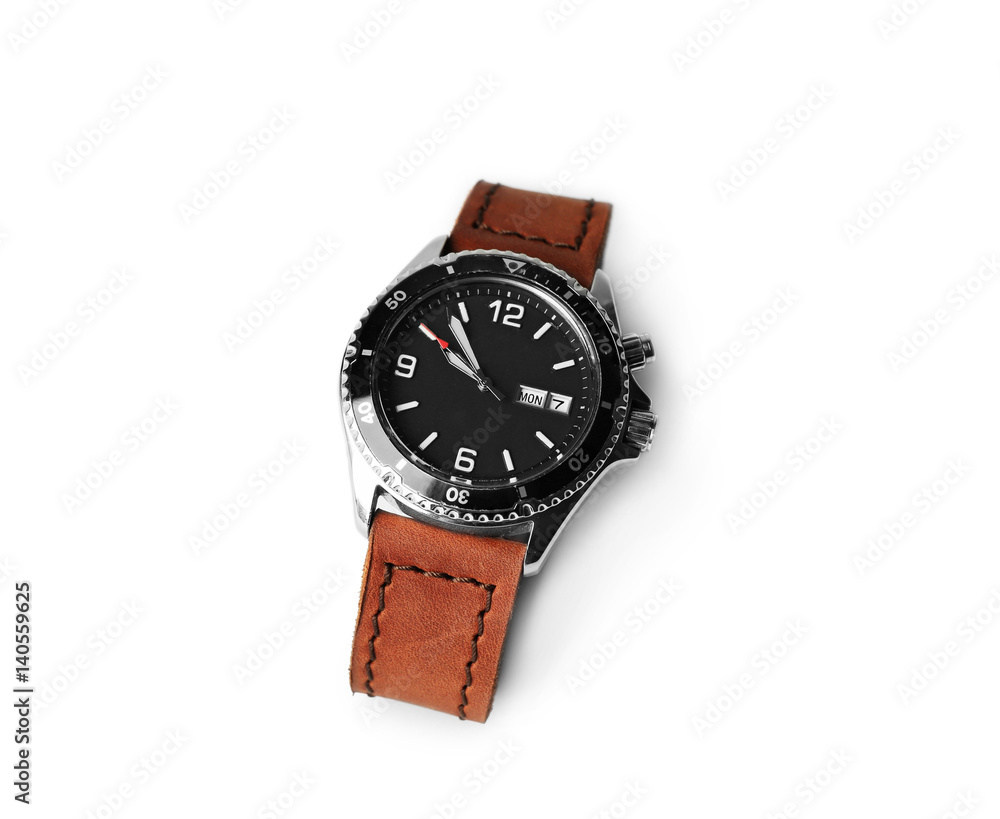 Stylish watch with leather wristlet on white background Stylish watch with leather wristlet on white background