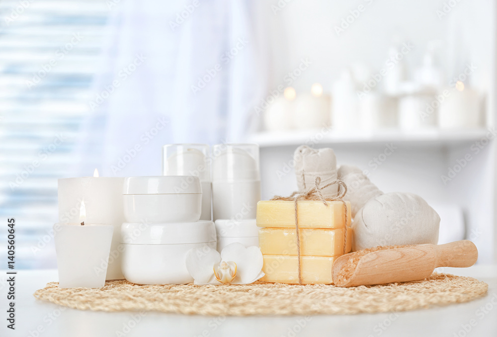 Composition of spa treatments on wicker mat