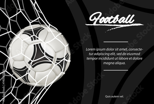 Realistic soccer ball in net isolated on black background.