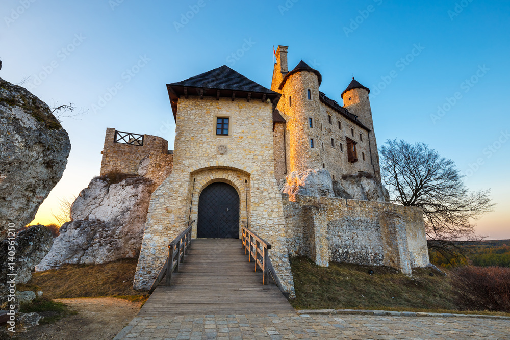 medieval castle at sunset in Bobolice, Poland