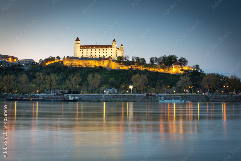 Bratislava castle, Danube river and parliament, Bratislava, Slovakia, Europe