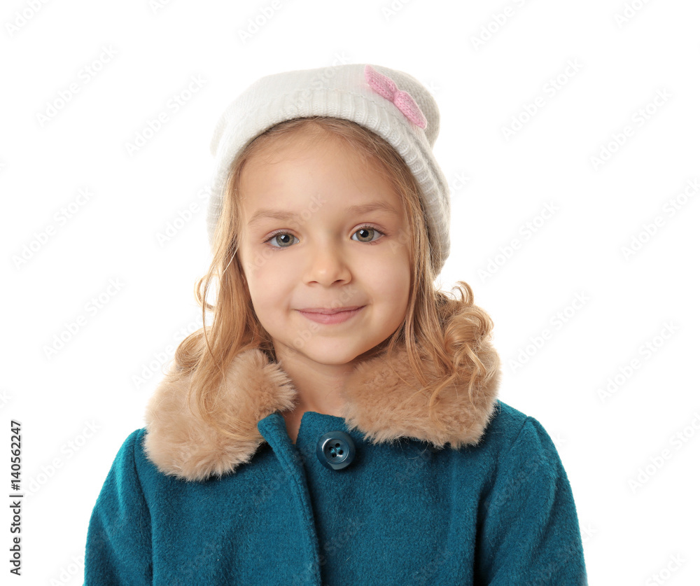 Cute little girl in warm clothes on white background Cute little girl in warm clothes on white background