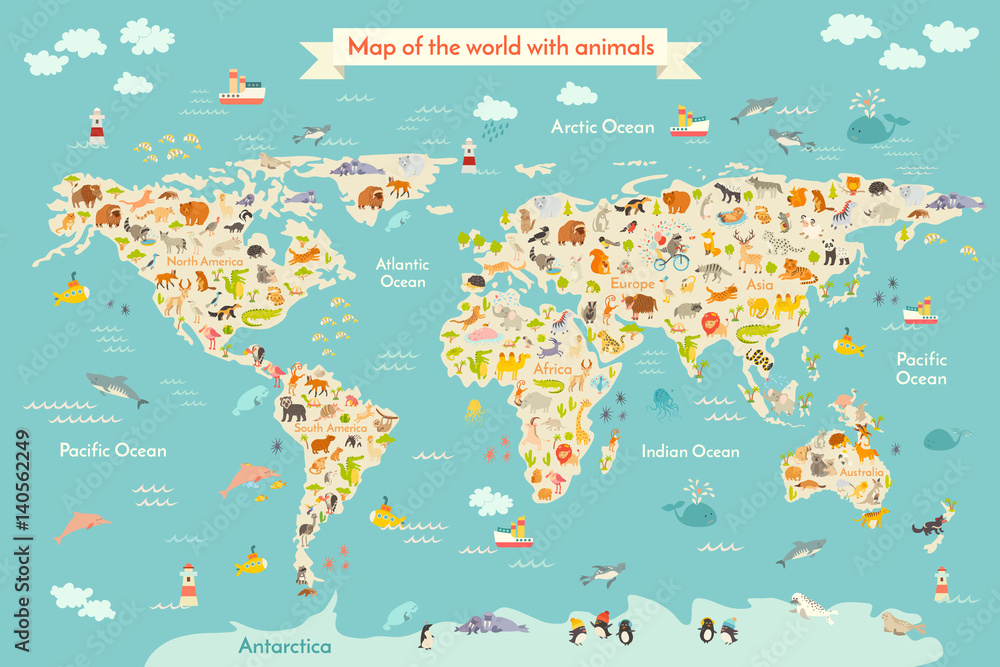 Map animal for kid. Continent of world, animated child's map. Vector illustration animals poster, drawn Earth. Continents and sea life. South America, Eurasia, North America, Africa and Australia