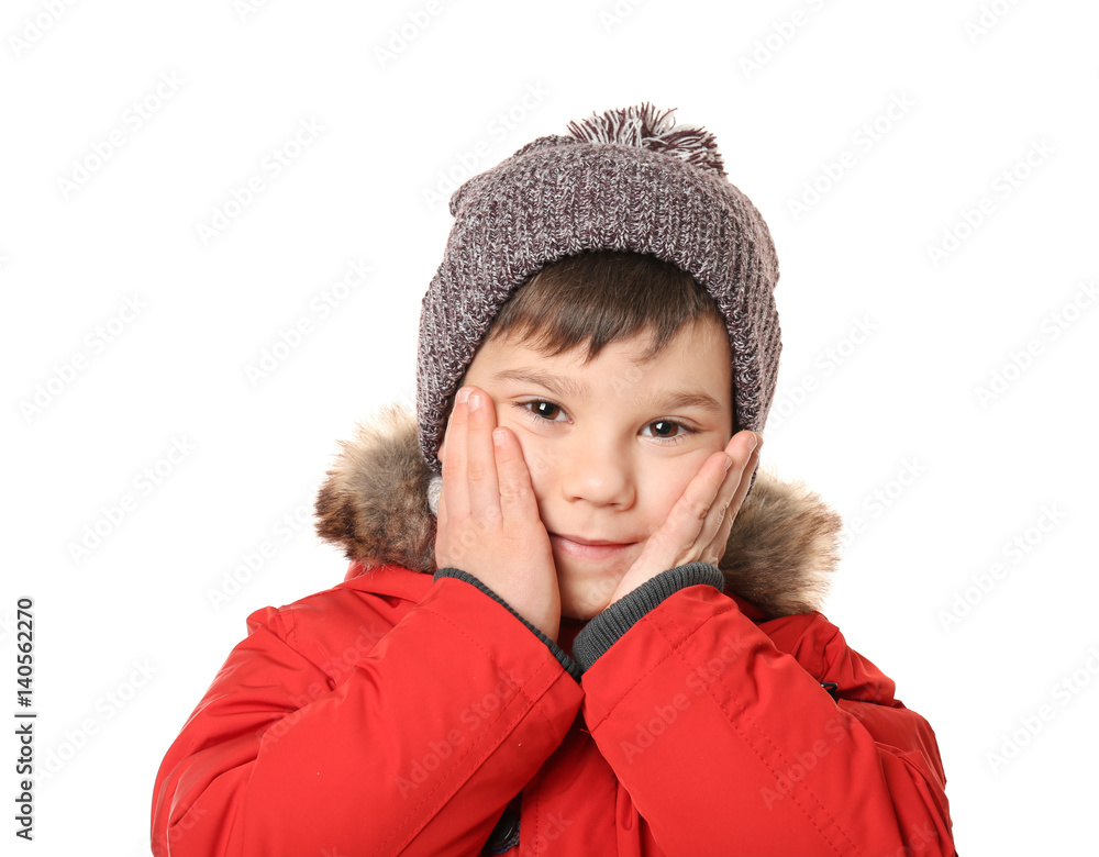 Cute little boy in warm clothes on white background Cute little boy in warm clothes on white background